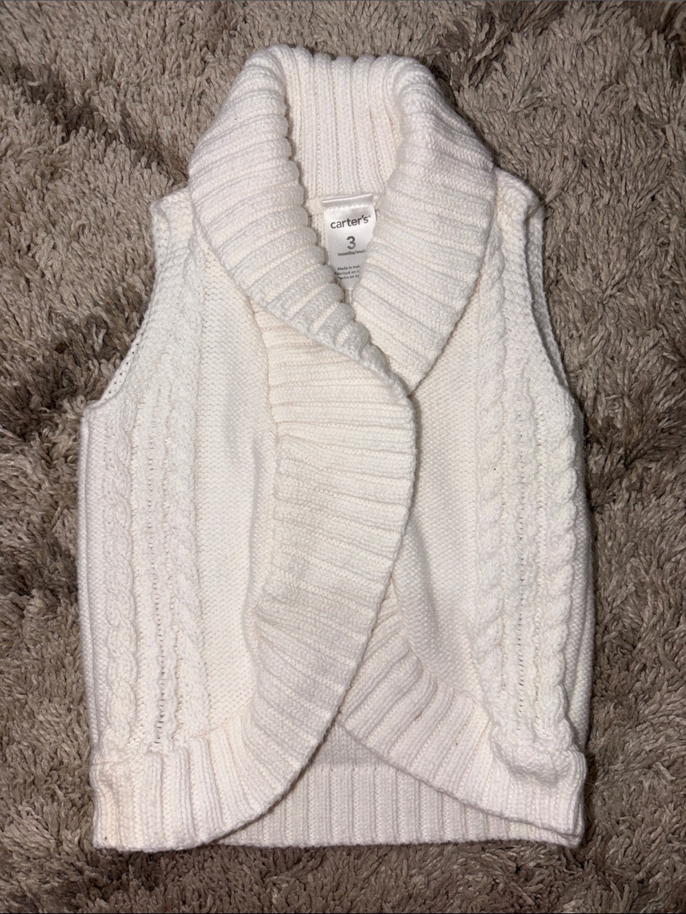 Carter's Cream Cable Knit Shawl Collar Sweater Vest